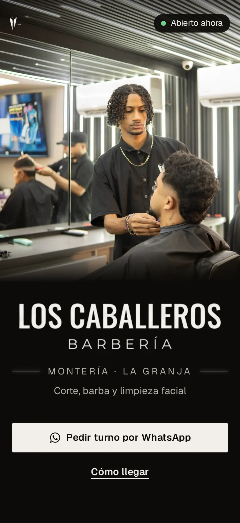 Portada del sitio de Los Caballeros: un barbero perfilando una barba, con el botón para pedir turno.