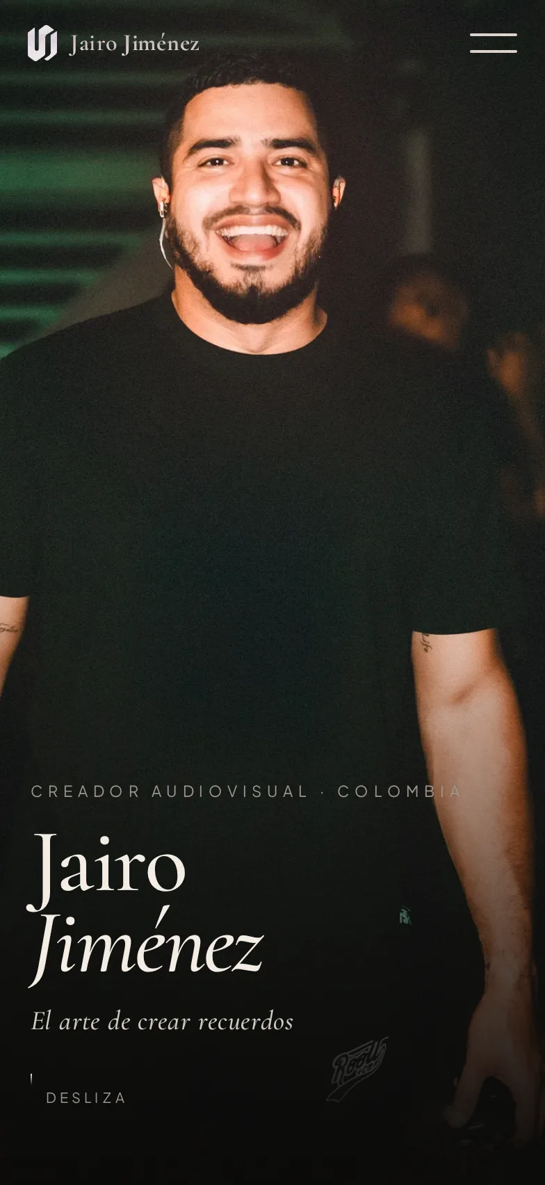 Portada del sitio de Jairo Jiménez: una fotografía sobre fondo negro.