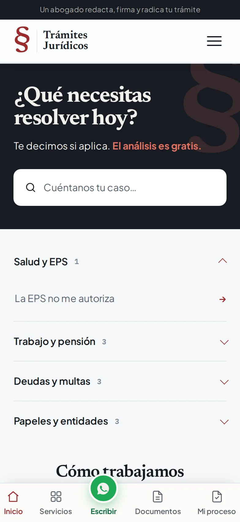 Portada de tramitesjuridicos.co, la plataforma de trámites jurídicos en línea.