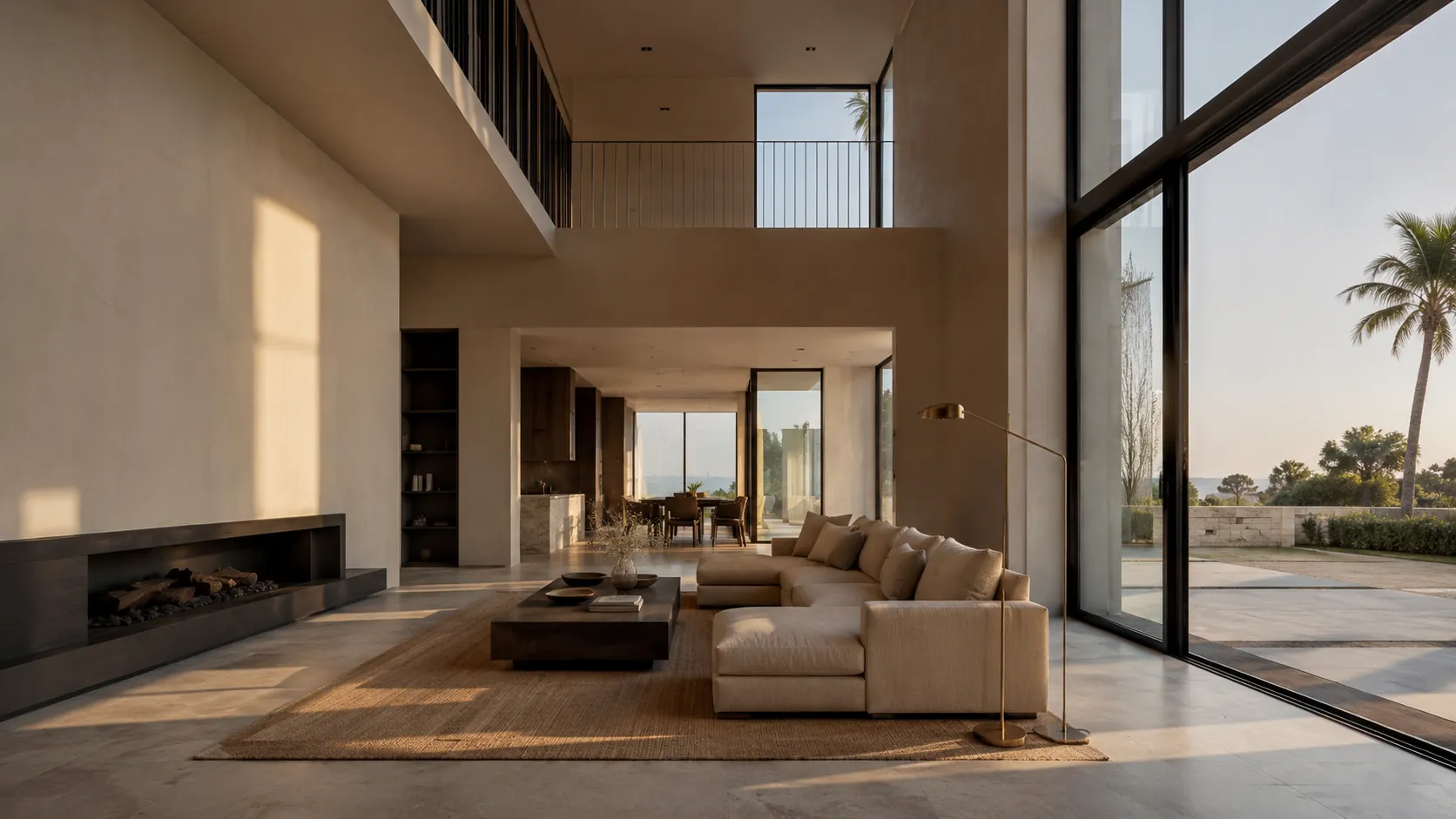 Ascenso — interior residencial de doble altura abierto al paisaje