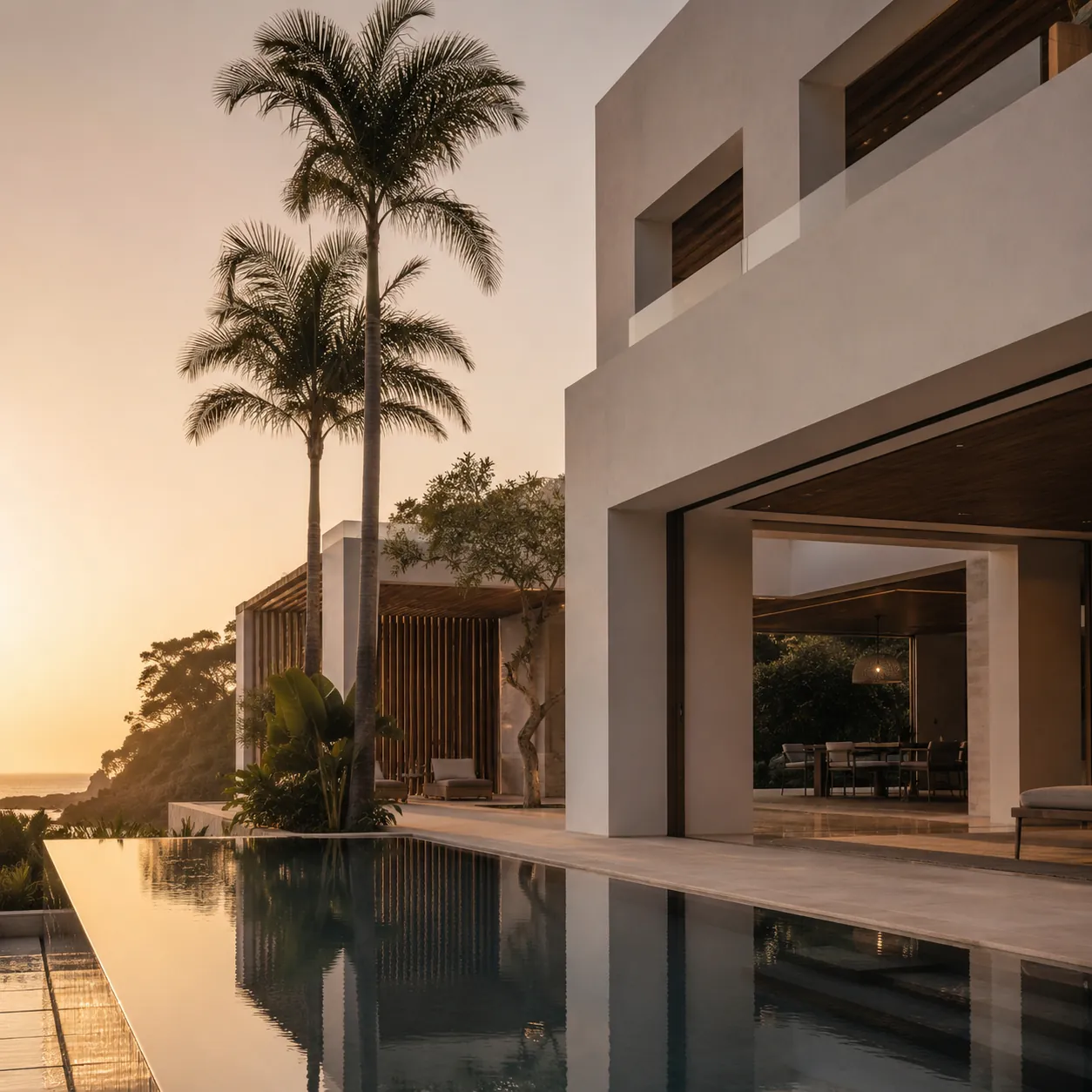 Alba — exterior residencial con piscina infinita al último sol del día