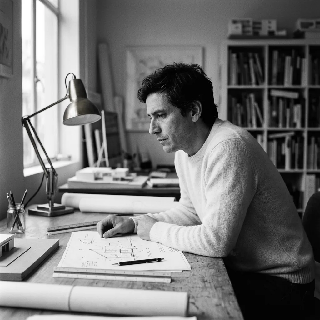 Mateo Aristizábal en su estudio en Medellín, trabajando sobre planos arquitectónicos
